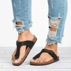 Flat flip flops women's shoes plus size buckle sandals - Black - View 1