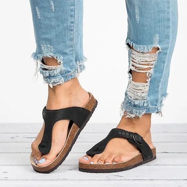 Flat flip flops women's shoes plus size buckle sandals Black - Shop at LoveMi