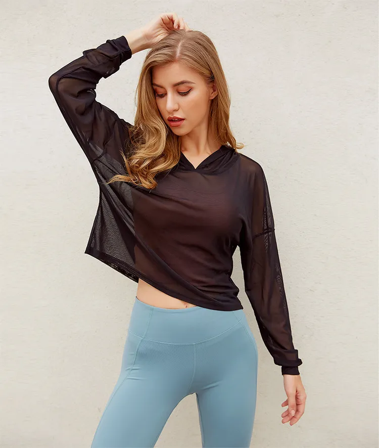 Mesh hooded sports blouse women - Black