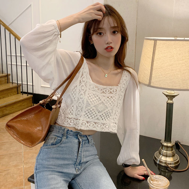 Hollow lace stitching chiffon long sleeve shirt