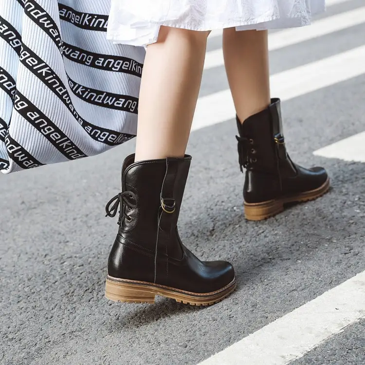 Lace-up round toe low-heel square heel boots