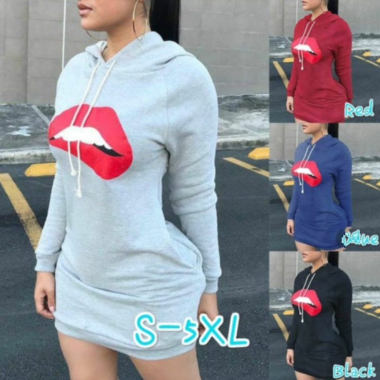 Red lips print fashion personality slim sweater dress