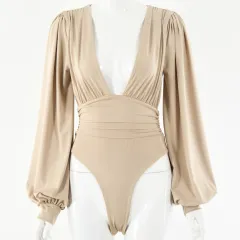 Women's sexy long-sleeved deep V waist pleated temperament bodysuit - Khaki - View 1