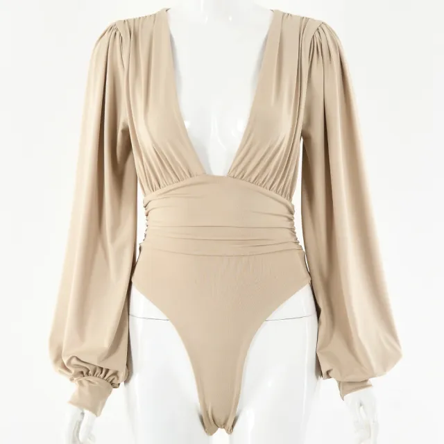 Women's sexy long sleeved deep V waist pleated temperament bodysuit Khaki - Shop at LoveMi