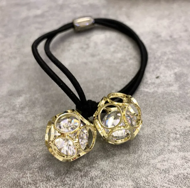 Korean version of hair accessories headdress Dongdaemun new alloy zircon hair ring hollow head rope double ball rubber band hair rope mixed batch ... Champagne Gold - Shop at LoveMi