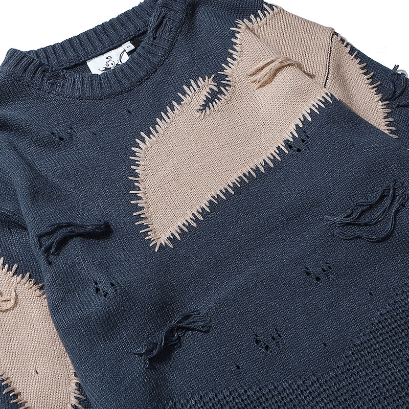 Retro deconstruction of irregular hole sweater men's trend