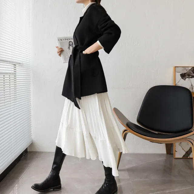 High end nightgown water ripple double sided cashmere coat women lace Black - Shop at LoveMi