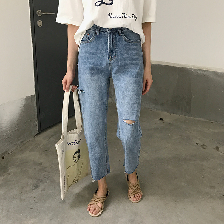 Loose and thin nine-point ripped jeans casual pants