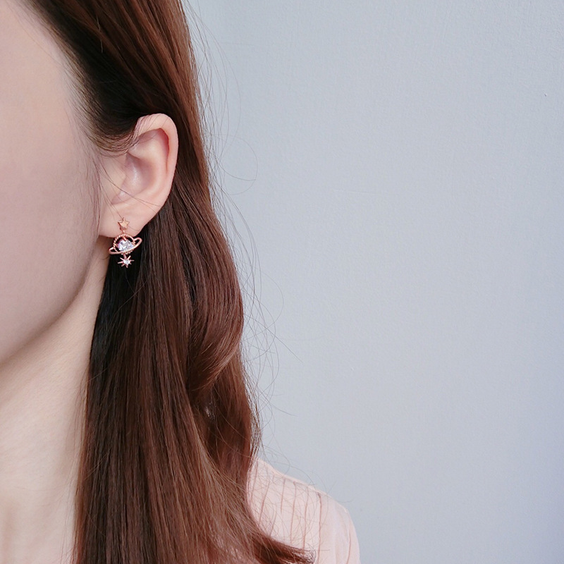 Asymmetric star and moon s925 sterling silver ladies earrings