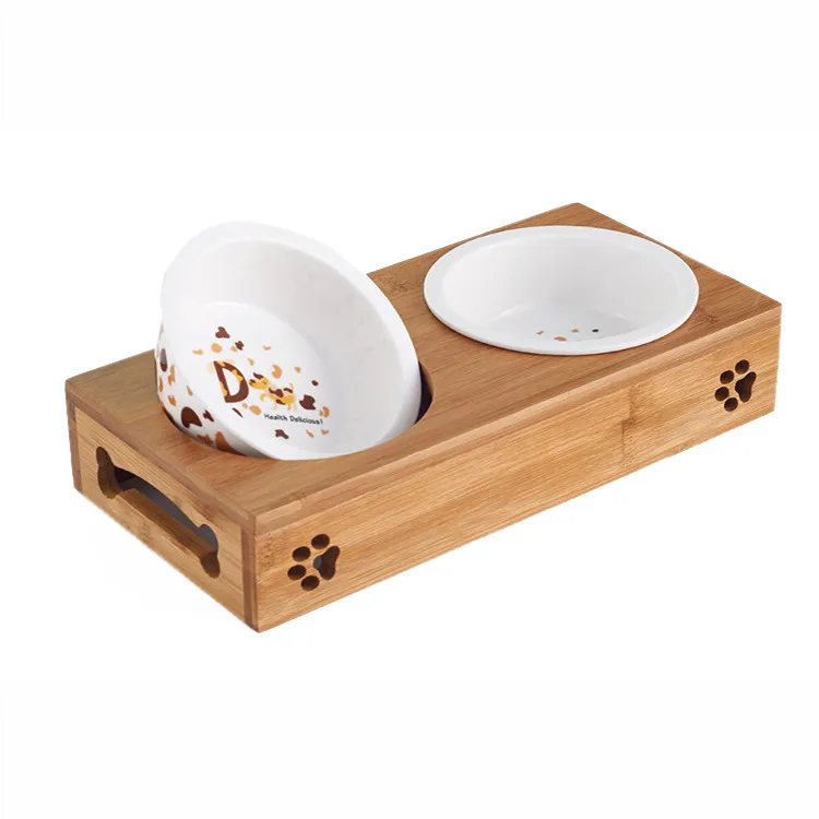Double bowl stainless steel with bamboo frame for cat's tableware - Ceramics