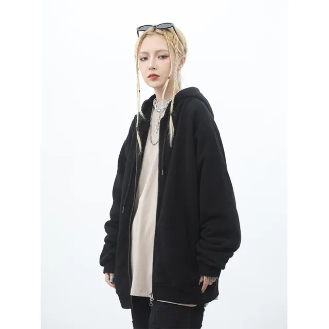 Solid color plus velvet oversize cardigan zipper coat Black - Shop at LoveMi
