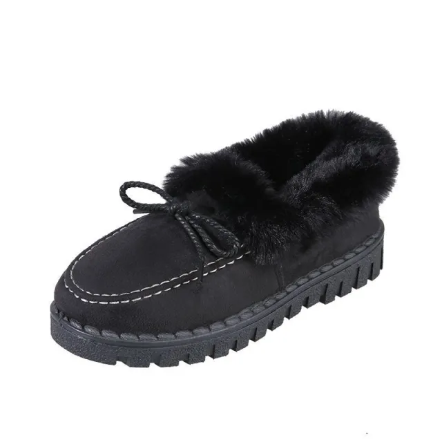 Hairy ball snow boots Korean style short tube hairy bow cotton shoes Black - Shop at LoveMi