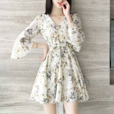 Petite floral French niche V-neck dress