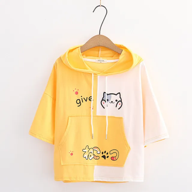 Japanese cartoon print loose hooded short sleeve T shirt women Yellow - Shop at LoveMi