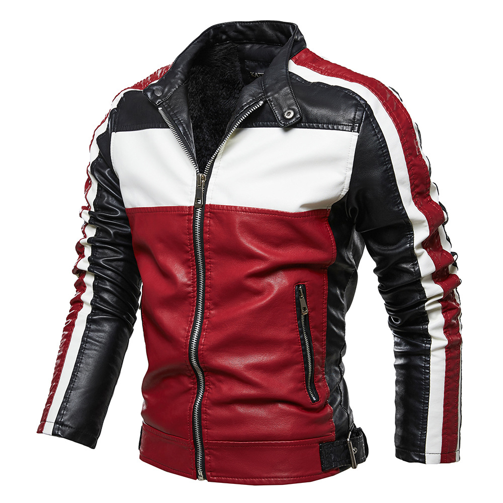 Men's color block plus velvet leather jacket