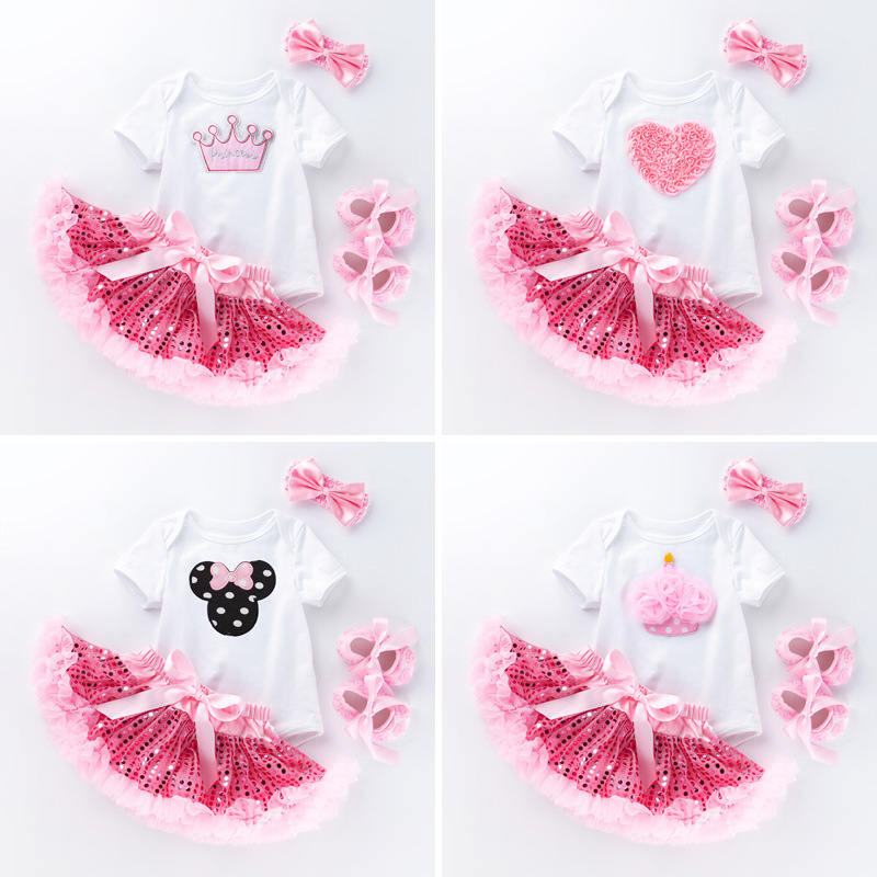 Pink sequined tutu skirt short sleeve high quality cotton romper