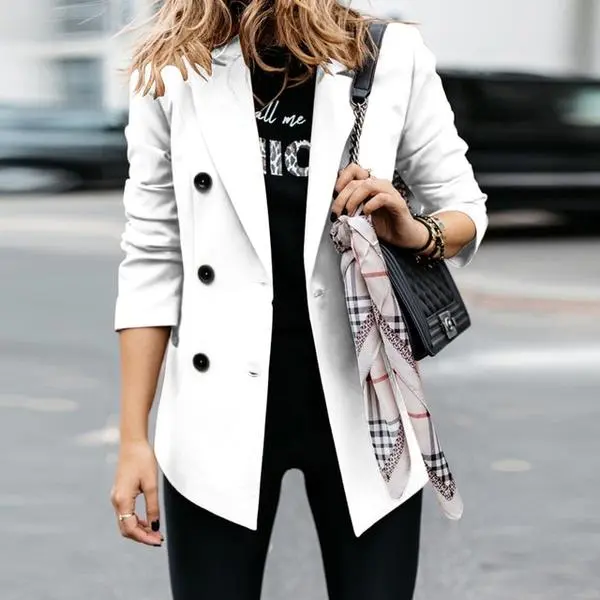 Solid color long sleeved double breasted button suit jacket White - Shop at LoveMi