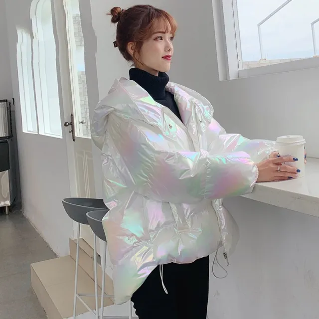 Glossy Short Colorful Cotton Jacket Laser Bread White - Shop at LoveMi