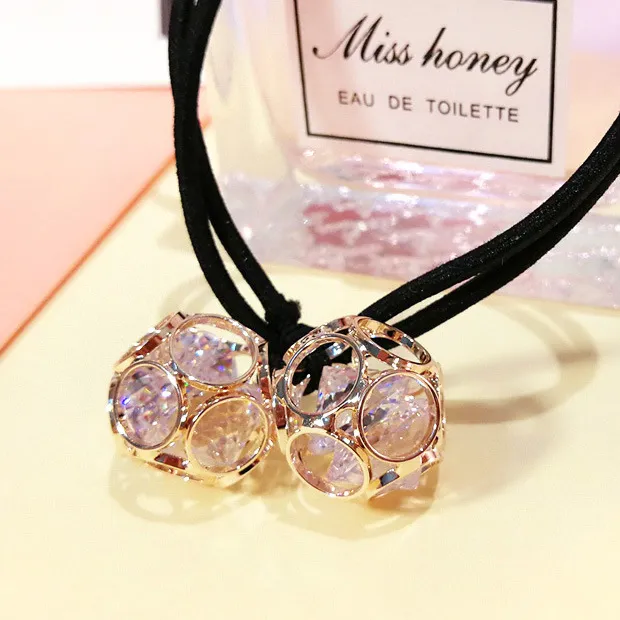 Korean version of hair accessories headdress Dongdaemun new alloy zircon hair ring hollow head rope double ball rubber band hair rope mixed batch ... Rose Gold - Shop at LoveMi