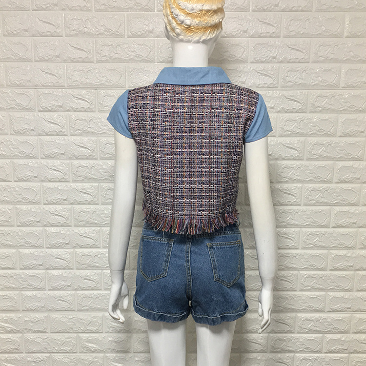 Short cropped top tweed fringe stitching shirt