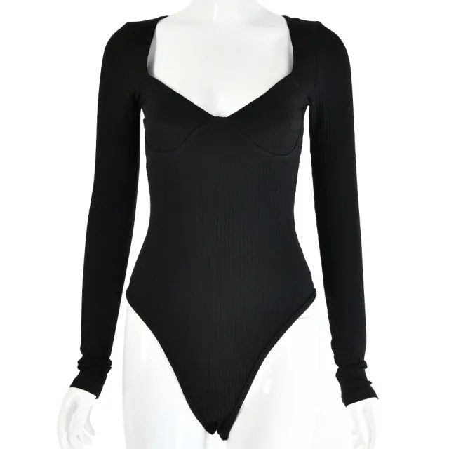 Low cut V neck long sleeved pit strip slim bodysuit Black - Shop at LoveMi