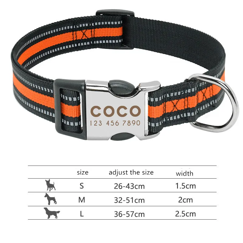 Custom Reflective Pet Leash Tag Collar Nylon Engraved Name for Small Medium Large Dog - Orange