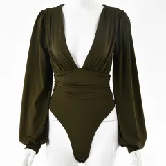 Women's sexy long-sleeved deep V waist pleated temperament bodysuit - Army Green - View 1