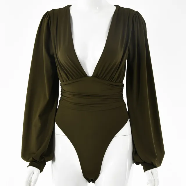 Women's sexy long sleeved deep V waist pleated temperament bodysuit Army Green - Shop at LoveMi