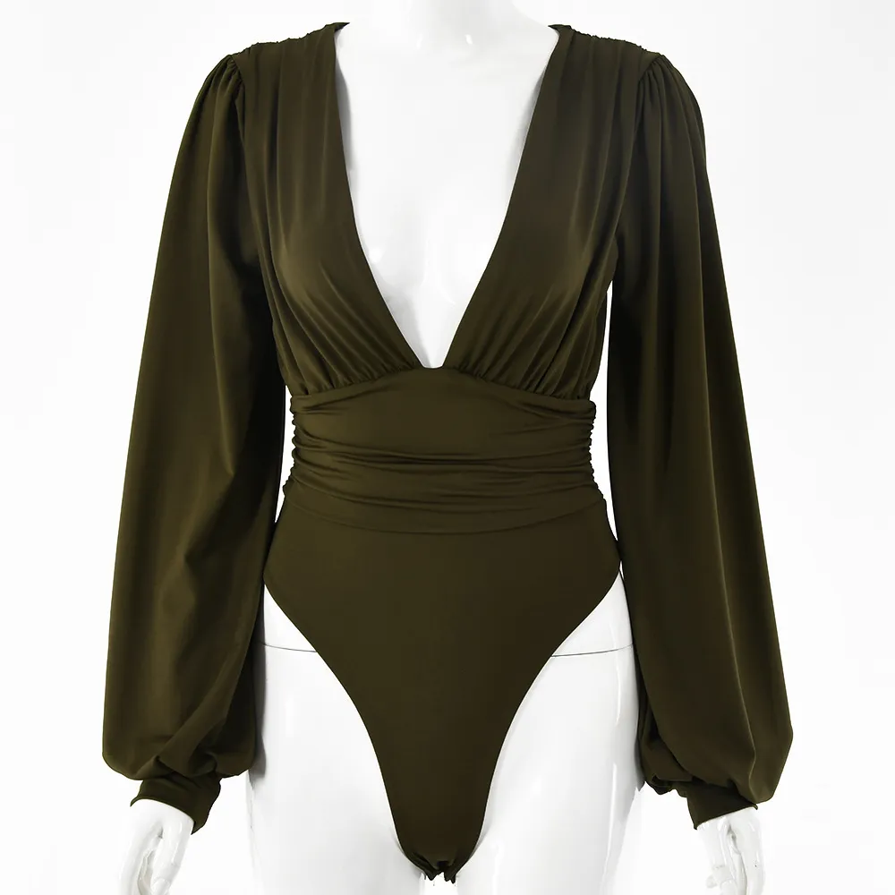 Women's sexy long-sleeved deep V waist pleated temperament bodysuit - Army Green
