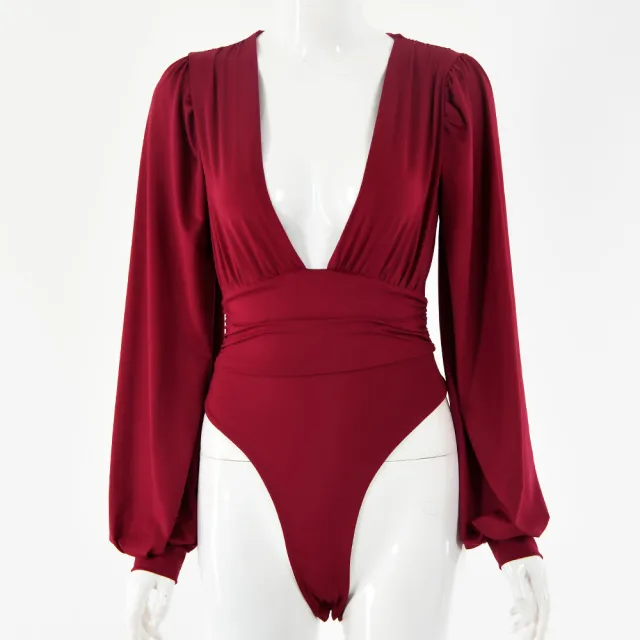 Women's sexy long sleeved deep V waist pleated temperament bodysuit Wine Red - Shop at LoveMi