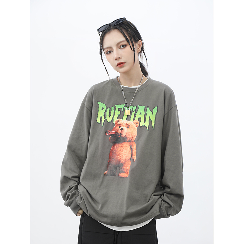 Japanese bear print long sleeve t-shirt men