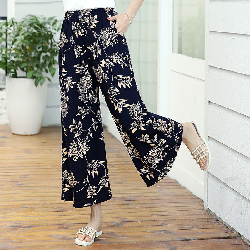Elastic Waist Mother Wide Leg Pants Floral Pants