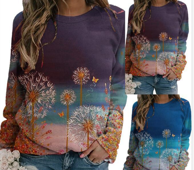 Printed long-sleeved casual plus fleece top