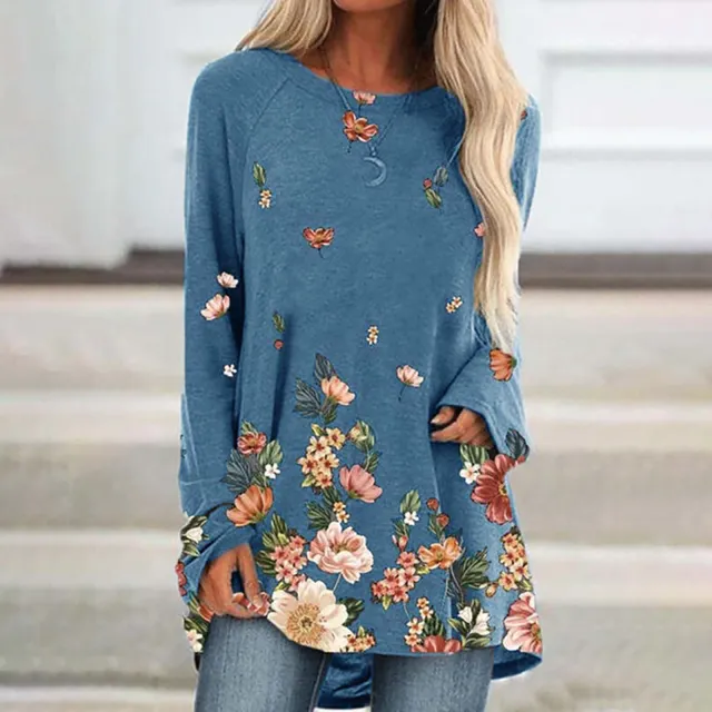 European and American round neck print mid length T shirt Blue - Shop at LoveMi