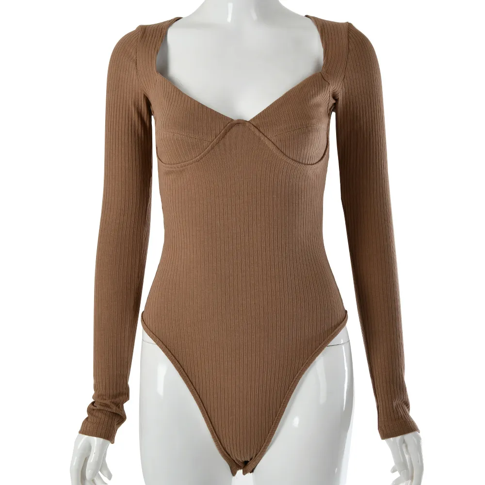 Low-cut V-neck long-sleeved pit strip slim bodysuit - Khaki