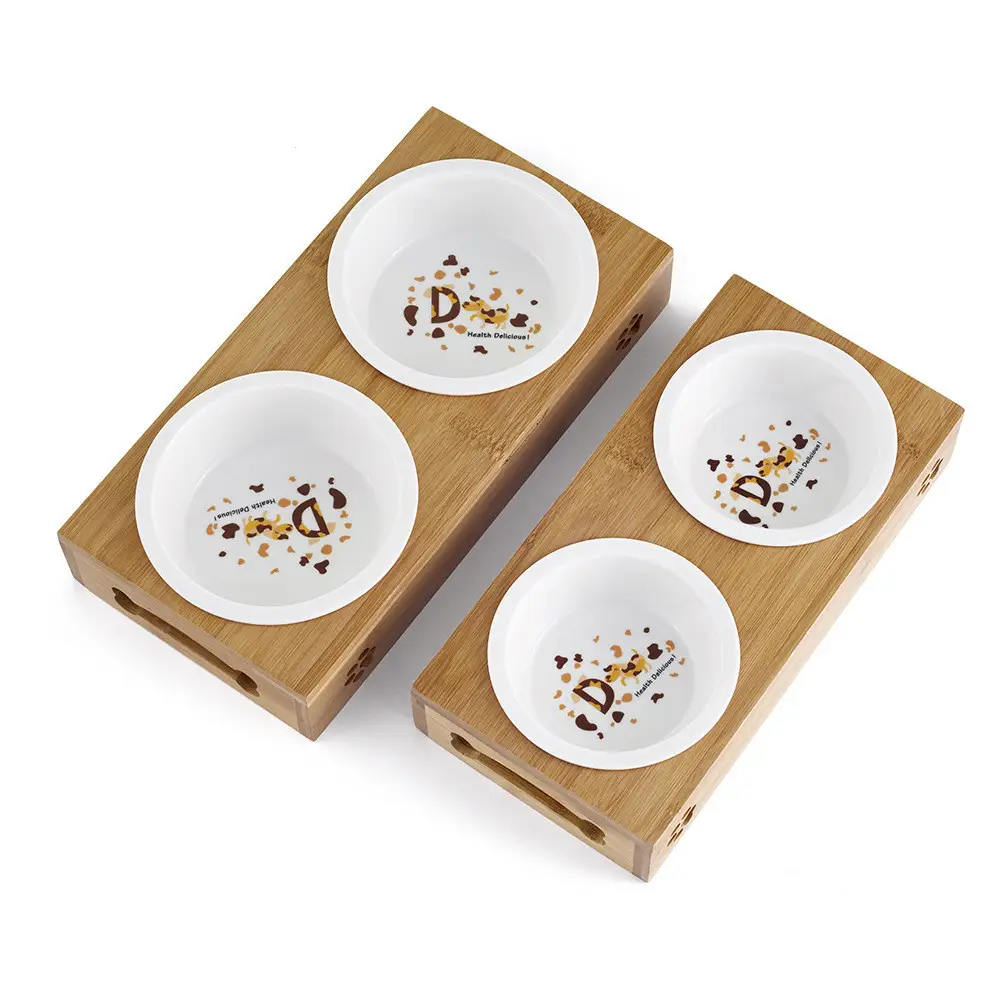 Double bowl stainless steel with bamboo frame for cat's tableware