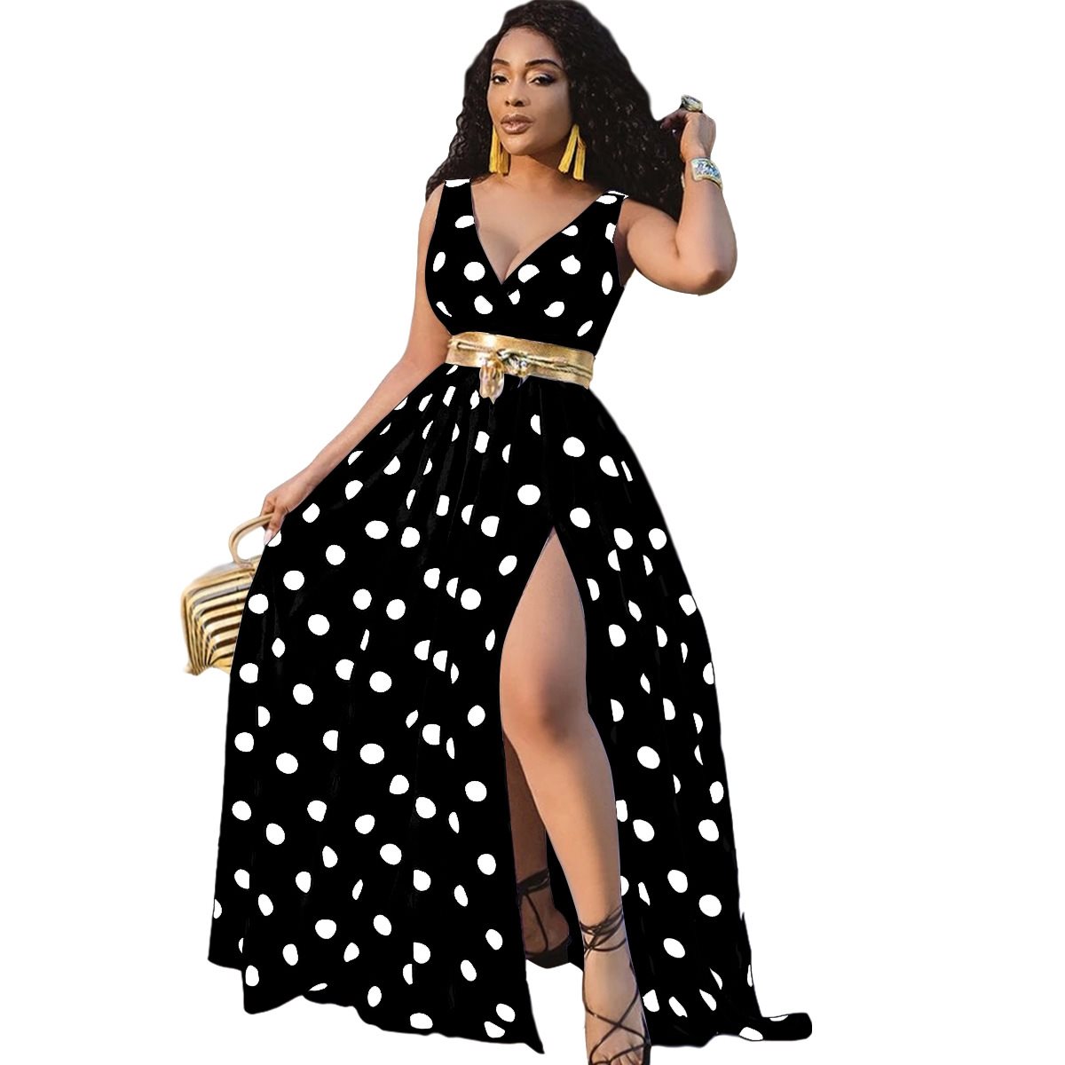 Fashionable digital print polka dot dress and long