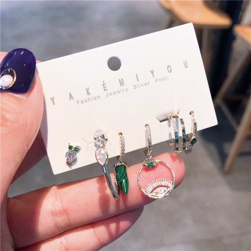 6-piece set of malachite owl color zirconium ear bone clip