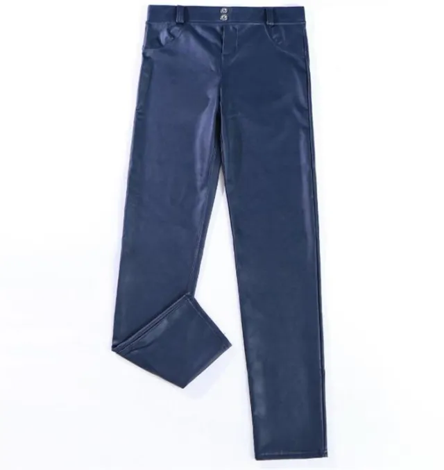 Fleece low rise peach pants PU leather pants elastic Navy - Shop at LoveMi