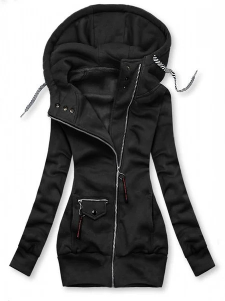 Autumn and winter stitching drawstring hooded slim coat Black - Shop at LoveMi