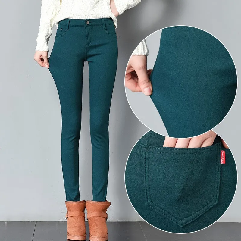 Thick pencil outer wear denim and long plus velvet boots - Green