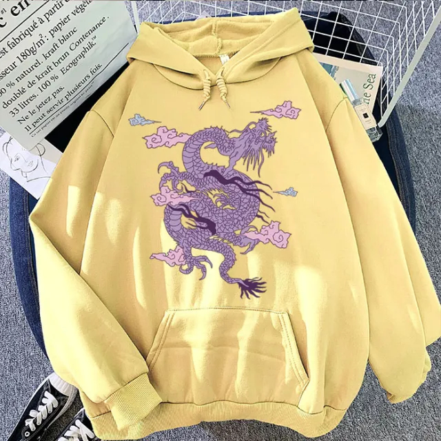 Purple Dragon Cloud Printed Hooded Hoodie Apricot - Shop at LoveMi