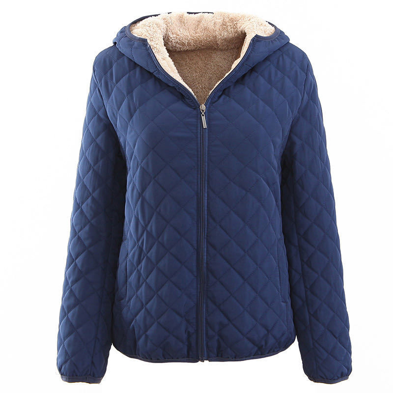Check lamb wool hooded warm cotton coat
