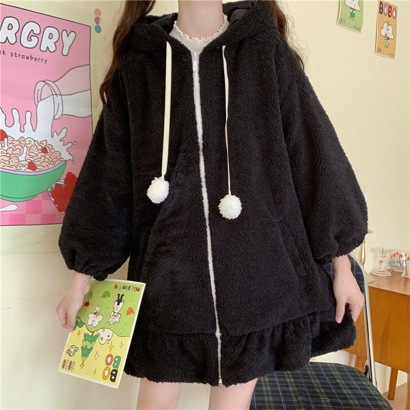 Cute rabbit ears hooded faux lamb wool Black - Shop at LoveMi