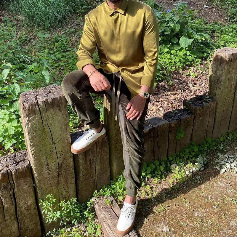 Dark green webbing stitching casual trousers trend