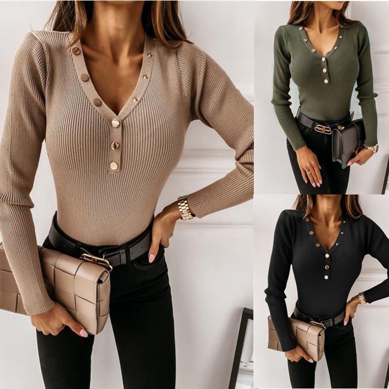 V-neck button top in solid color