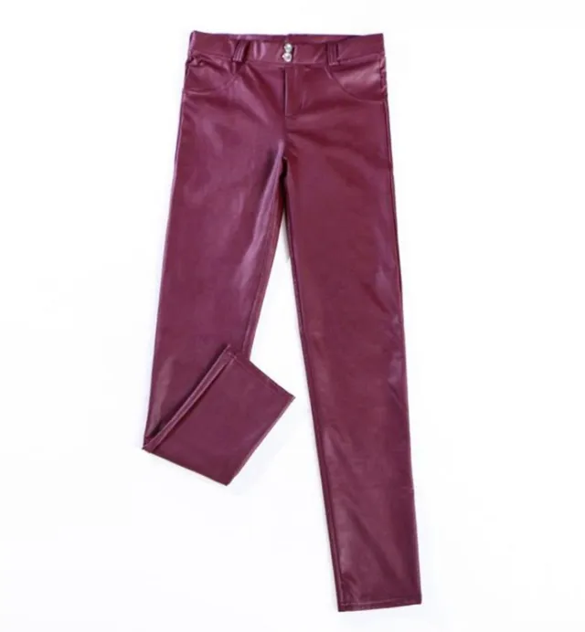 Fleece low rise peach pants PU leather pants elastic Red - Shop at LoveMi