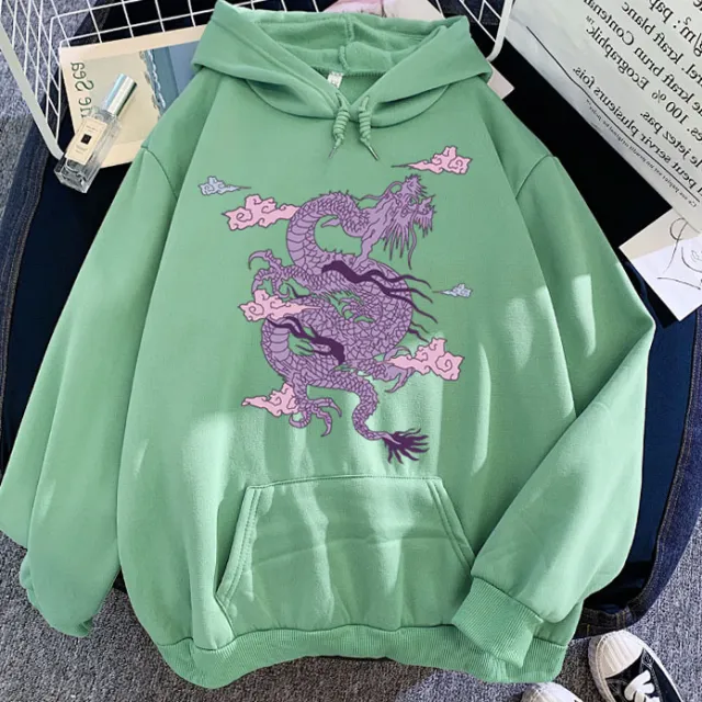 Purple Dragon Cloud Printed Hooded Hoodie Green - Shop at LoveMi