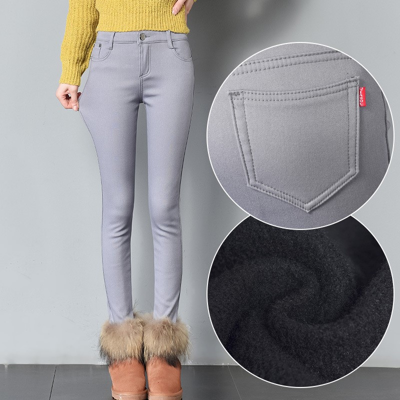 Thick pencil outer wear denim and long plus velvet boots