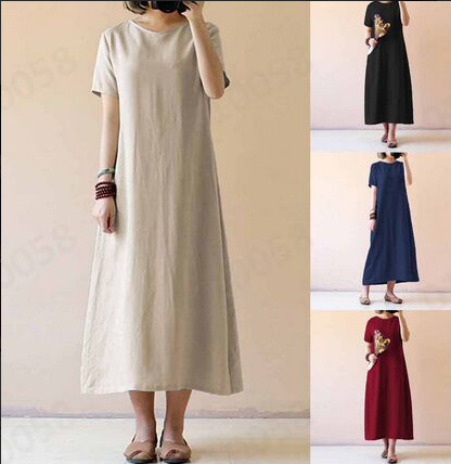 Ladies cotton and linen garden collar short sleeve dress